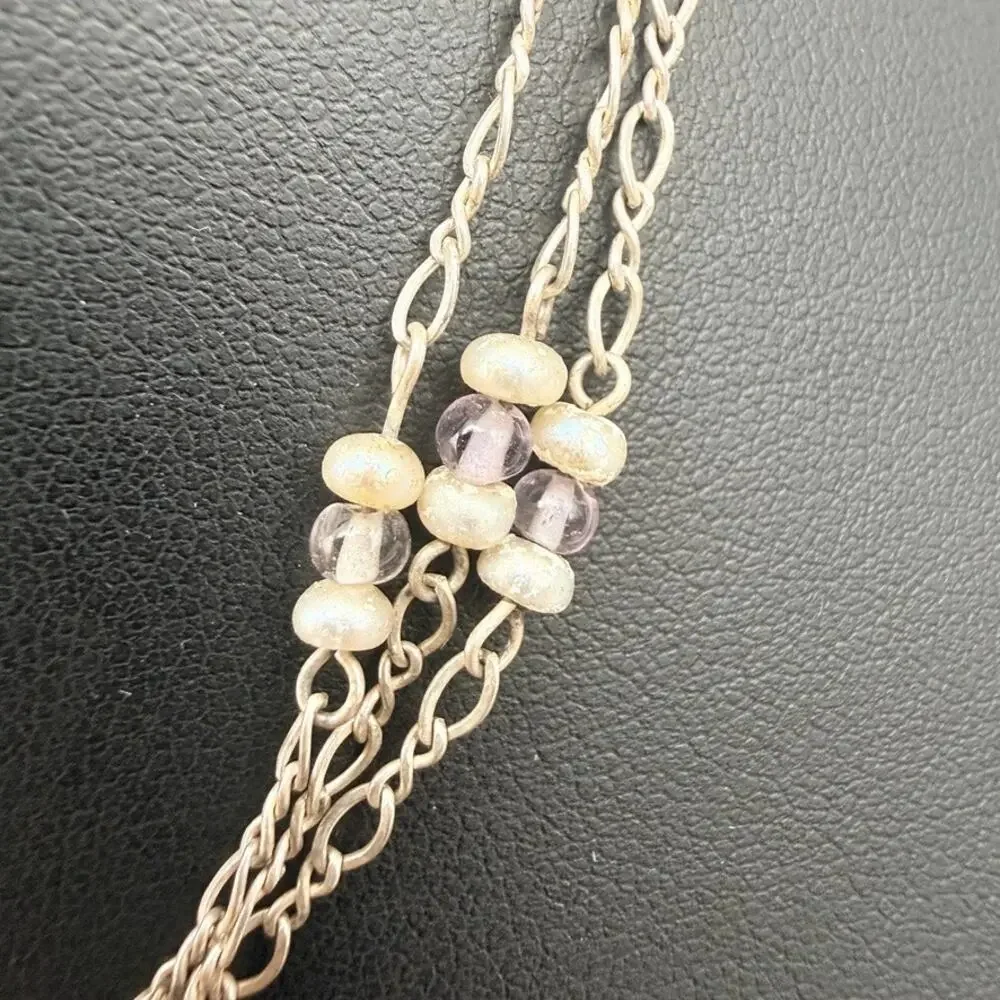 Vintage 925 Silver 3 Strand Figaro Chain Necklace Pearl Amethyst Beads 14